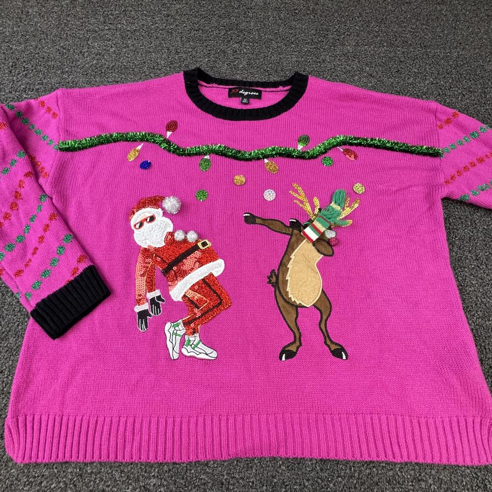 33 Degrees Sweater Womens XL Pink Holiday Santa Reindeer Sequin Embroidered